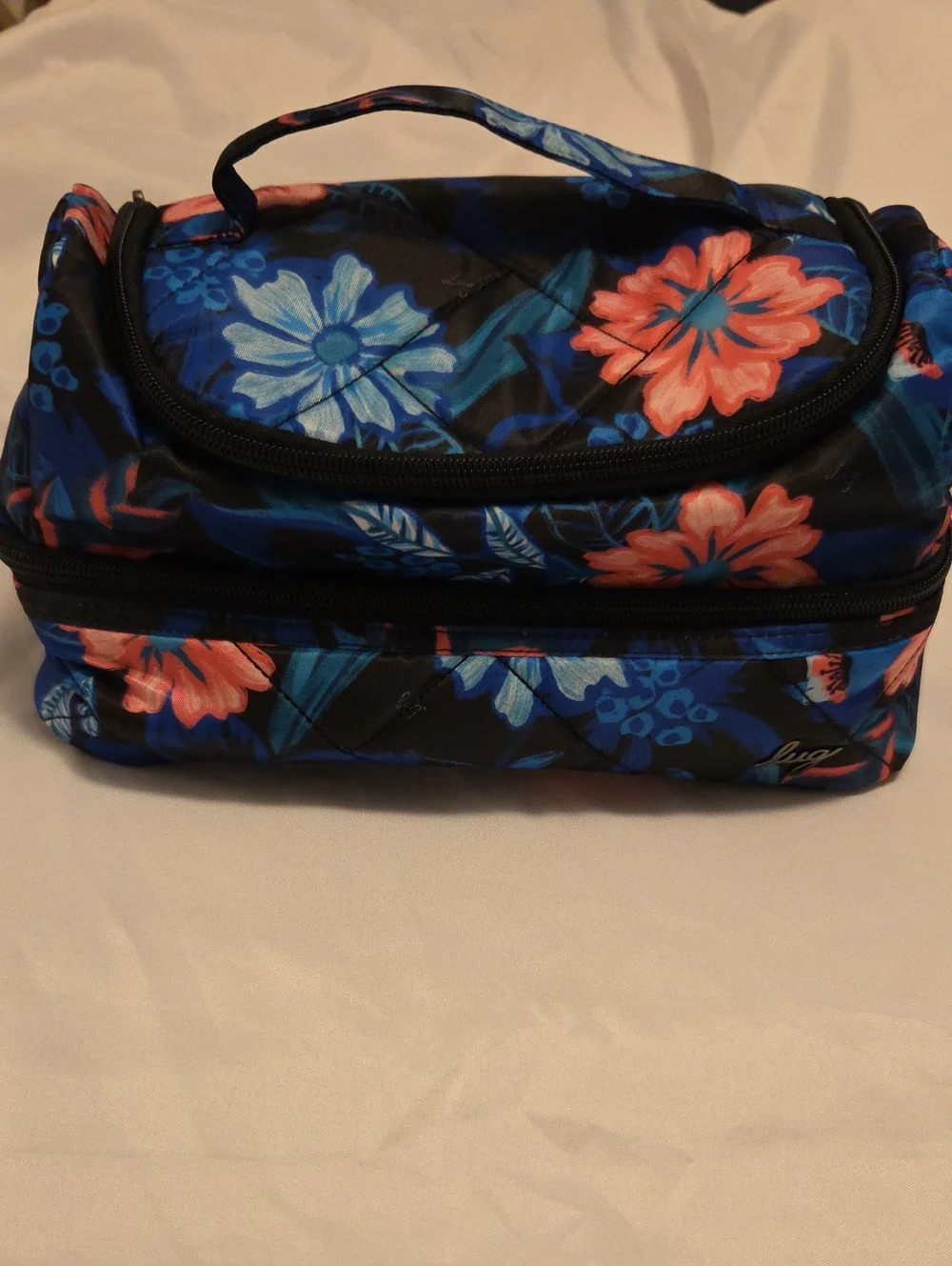 lug Floral Quilted Stowaway Bag in Black, Blue & Coral - Picture 1 of 5